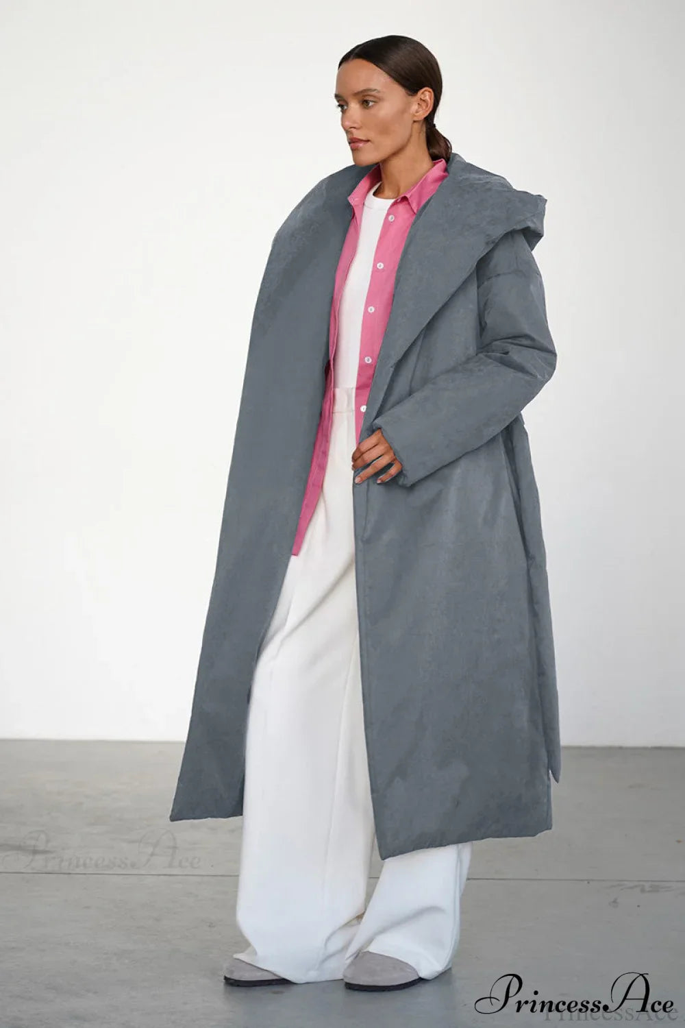 Solid Warm Long Hooded Belted Cotton Puffer Overcoat Medium Gray / S