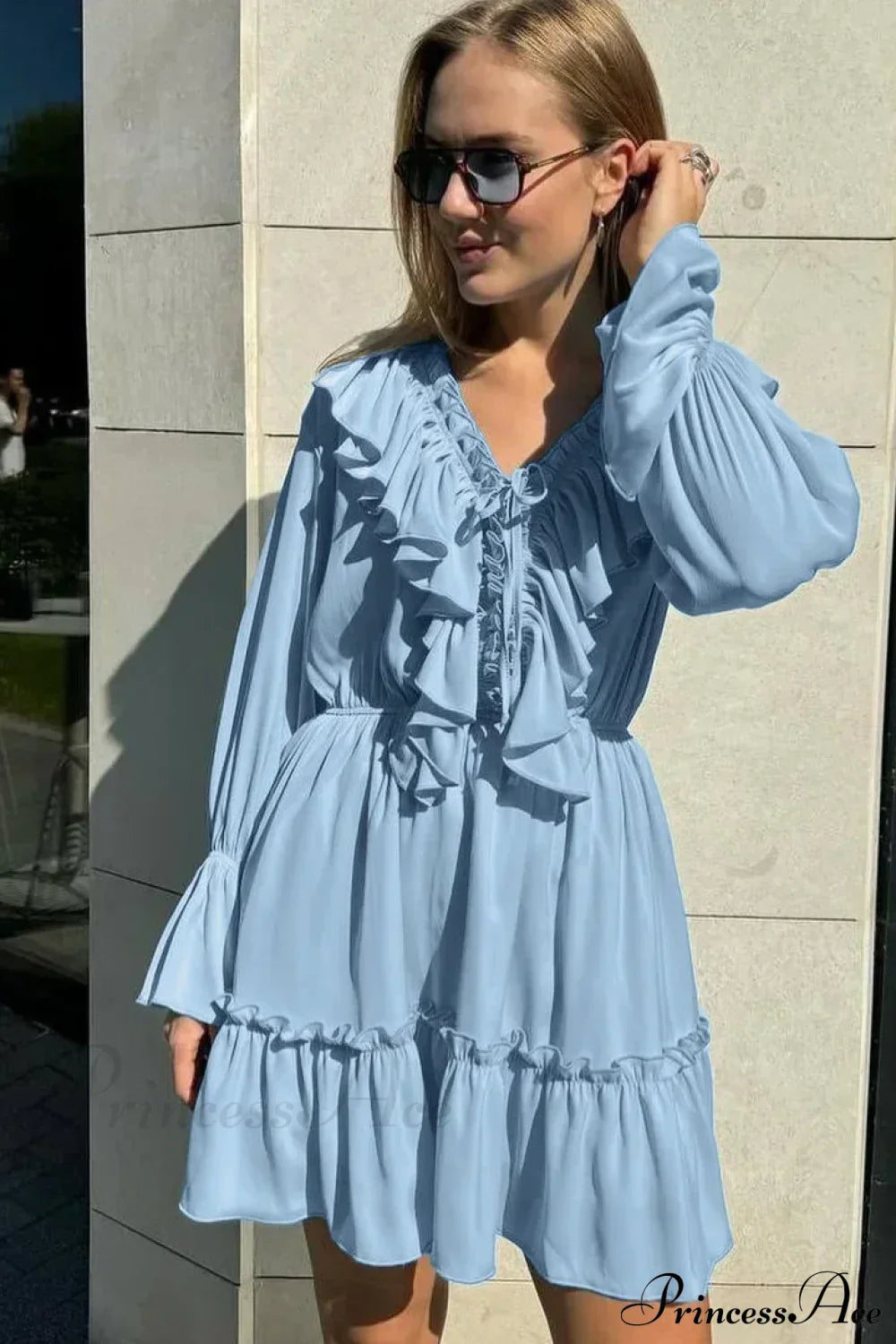 Solid White Cotton Rayon Long Sleeve Ruffle Dress Blue / S bohodress-250126