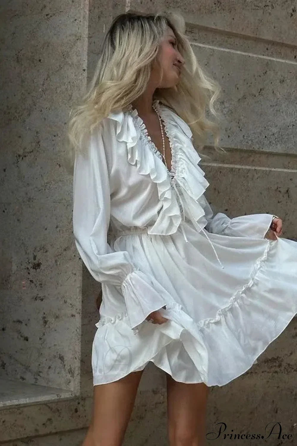Solid White Cotton Rayon Long Sleeve Ruffle Dress