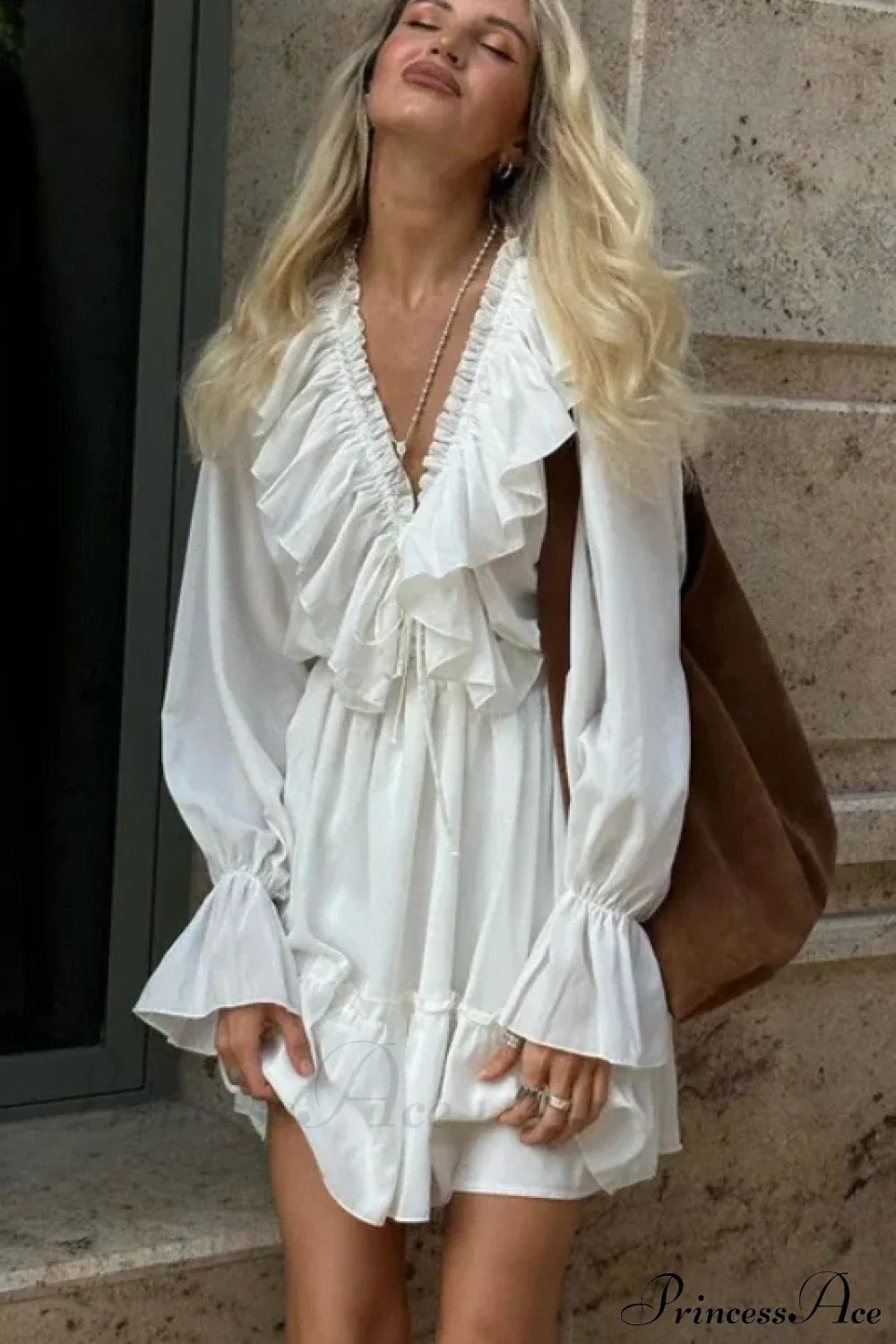 Solid White Cotton Rayon Long Sleeve Ruffle Dress