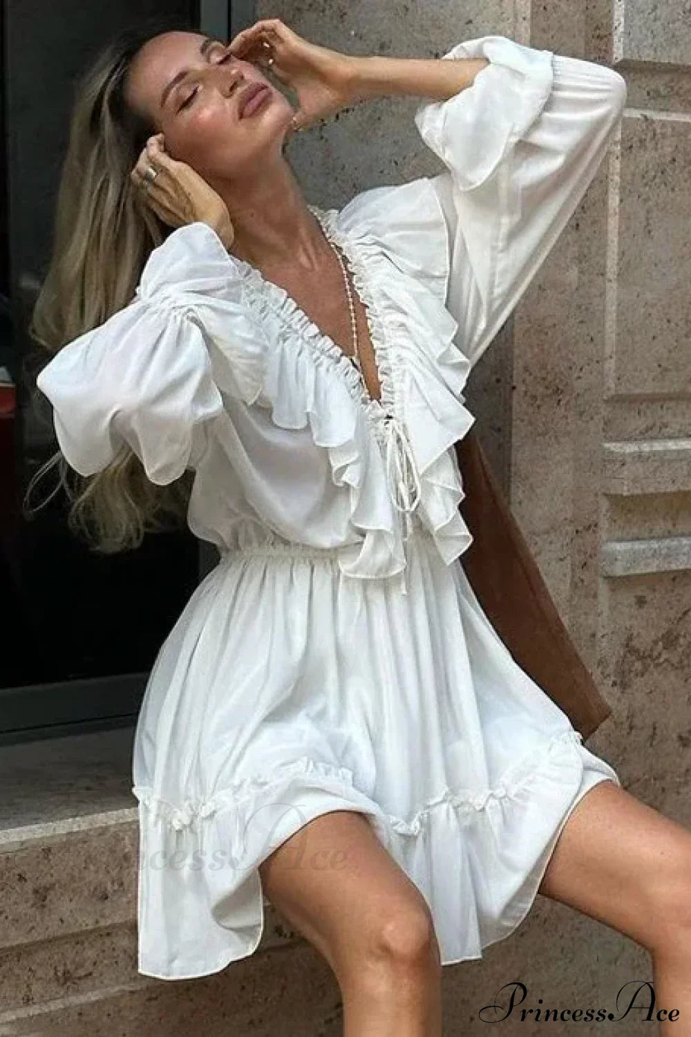 Solid White Cotton Rayon Long Sleeve Ruffle Dress WHITE / S bohodress-250126