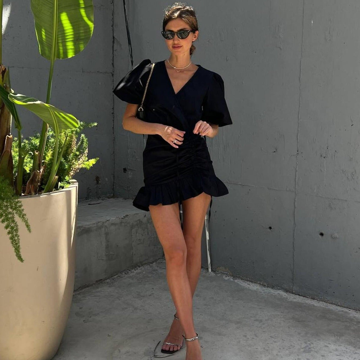 Cotton Wrap V-Neck Puff-Sleeve Ruched Mini Dress 10