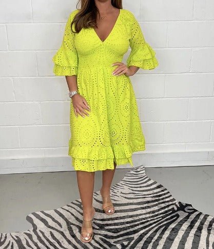 Lace Eyelet V-Neck Smocked Waist Tiered Ruffle Sleeve Midi Dress - View 2