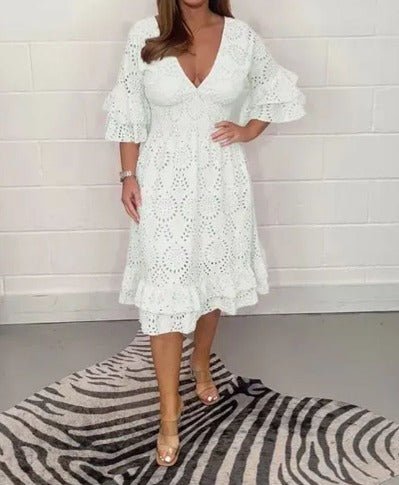 Lace Eyelet V-Neck Smocked Waist Tiered Ruffle Sleeve Midi Dress - View 5