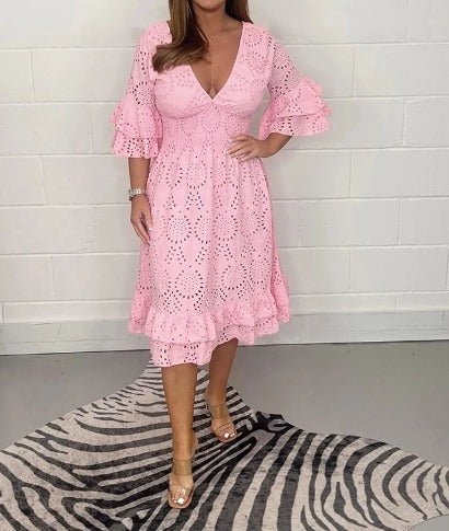 Lace Eyelet V-Neck Smocked Waist Tiered Ruffle Sleeve Midi Dress - View 3