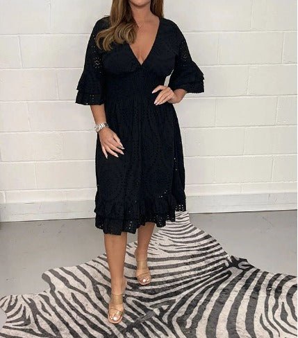 Lace Eyelet V-Neck Smocked Waist Tiered Ruffle Sleeve Midi Dress - View 4