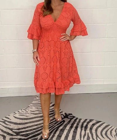 Lace Eyelet V-Neck Smocked Waist Tiered Ruffle Sleeve Midi Dress