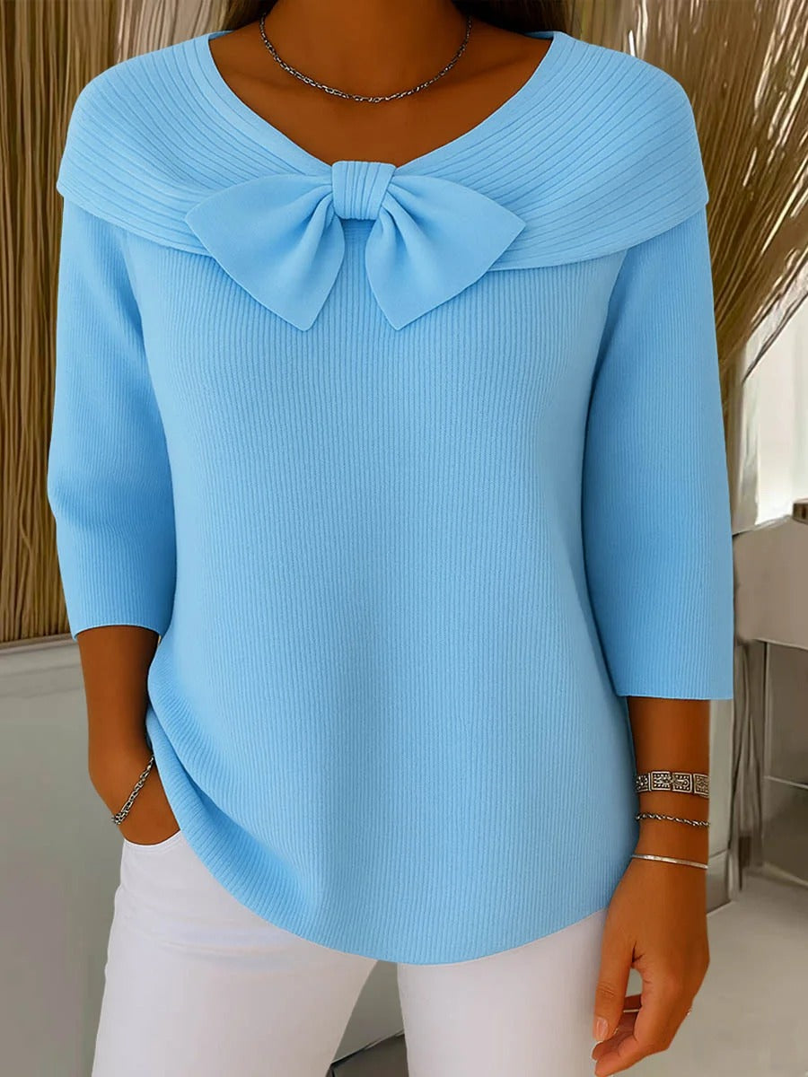 Bow Front Off Shoulder 3/4 Sleeve Ribbed Knit Jumper 2