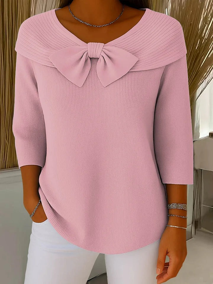 Bow Front Off Shoulder 3/4 Sleeve Ribbed Knit Jumper 3