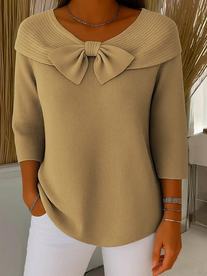 Bow Front Off Shoulder 3/4 Sleeve Ribbed Knit Jumper 4