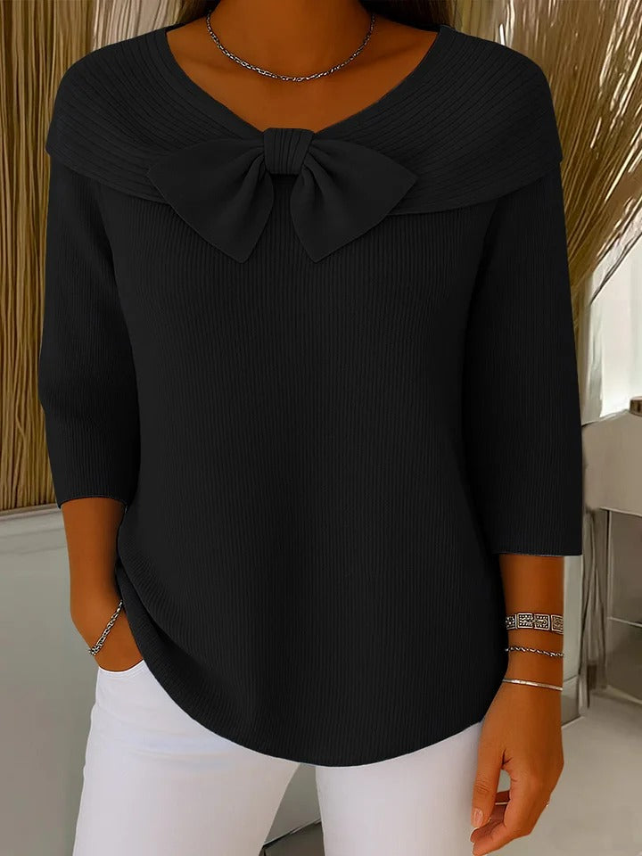 Bow Front Off Shoulder 3/4 Sleeve Ribbed Knit Jumper 7