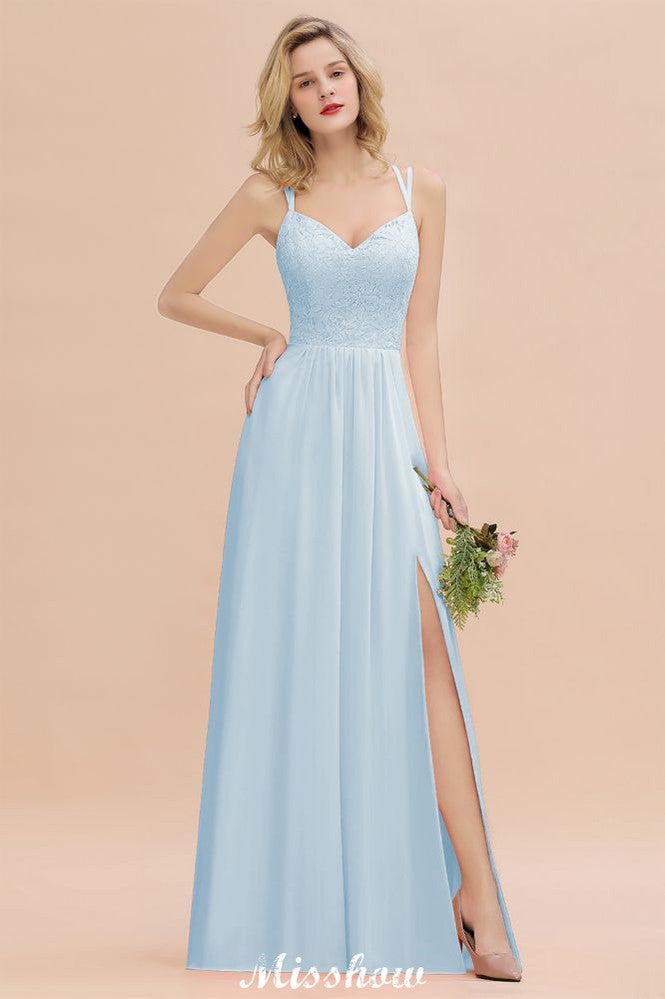 Spaghetti Slim Side Split Bridesmaid Dress Sky Blue V-Neck Wedding Party Dress