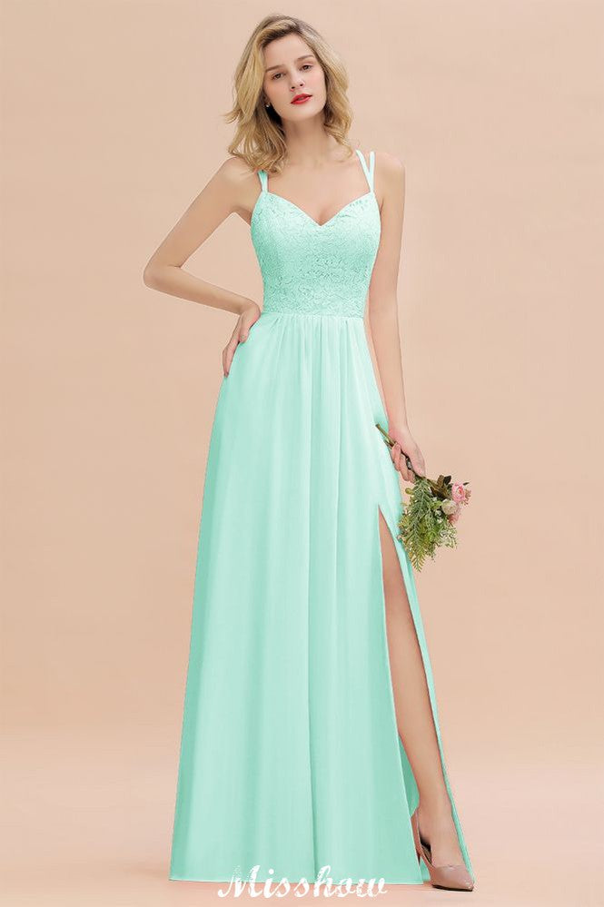Spaghetti Slim Side Split Bridesmaid Dress Sky Blue V-Neck Wedding Party Dress