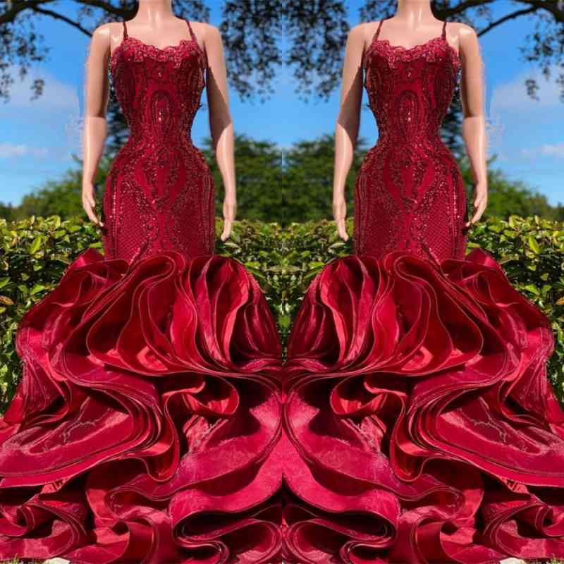 Spaghetti-Straps Burgundy Prom Dress Mermaid Sleeveless Sequins Ruffles - Fashionpara