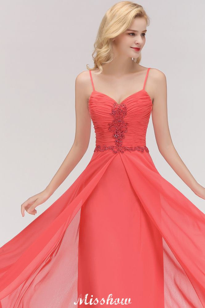 Spaghetti Straps Chiffon Aline Evening Maxi Gown Sleeveless Beading Bridesmaid Dress