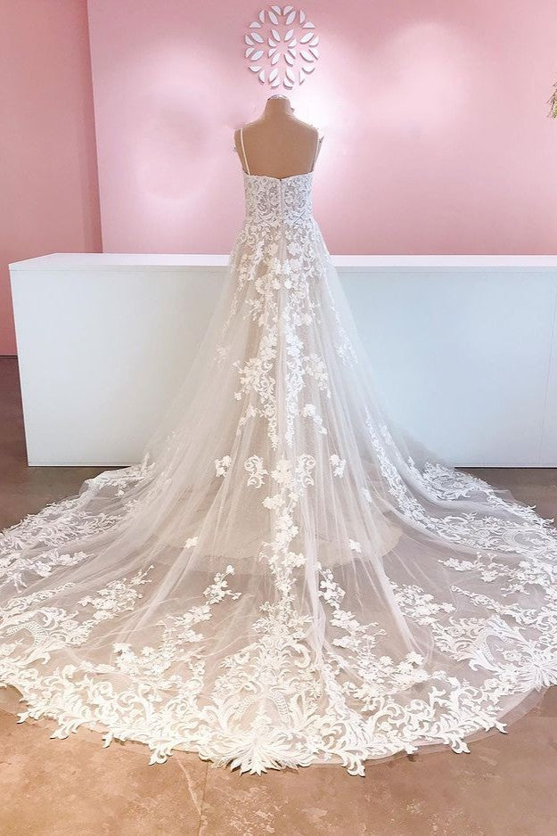 Spaghetti-Straps Lace Appliques Wedding Dress Sleeveless - Fashionpara