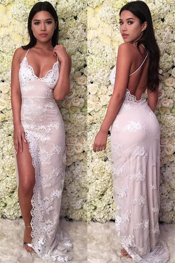 Spaghetti-Straps Lace Prom Dress With Slit - Fashionpara