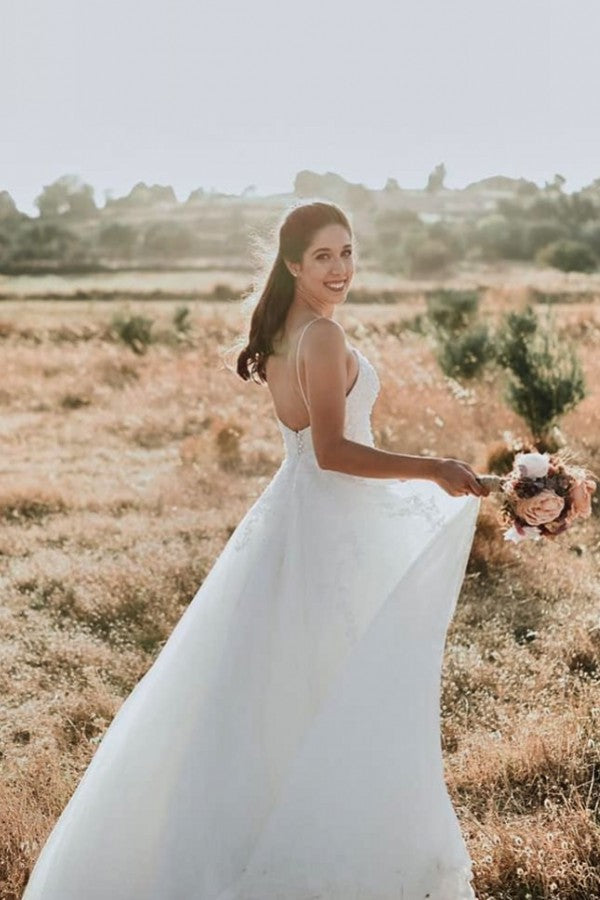 Spaghetti-Straps Lace Wedding Dress Beach Sleeveless Long - Fashionpara