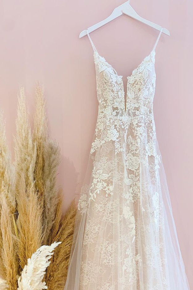 Spaghetti-Straps Lace Wedding Dress Sleeveless With Lace Appliques - Fashionpara
