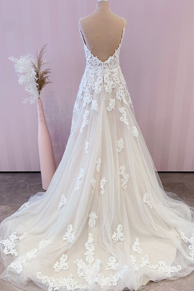 Spaghetti-Straps Lace Wedding Dress Tulle A-Line Bridal Gowns - Fashionpara