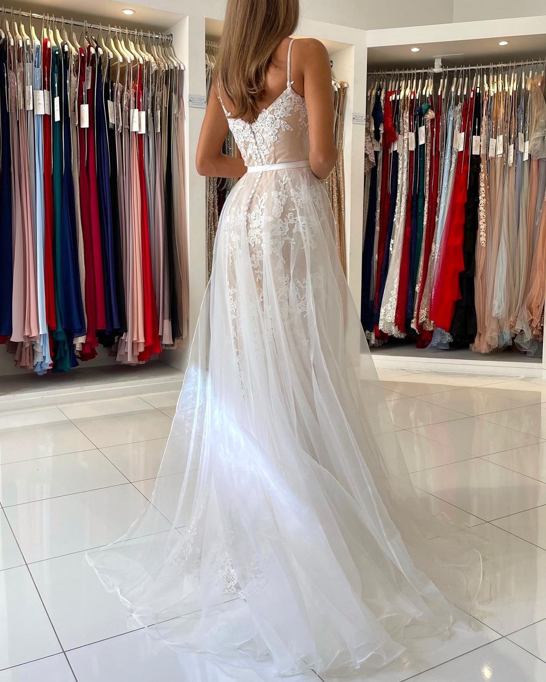 Spaghetti-Straps Mermaid Prom Dress Appliques Tulle Skirt - Fashionpara