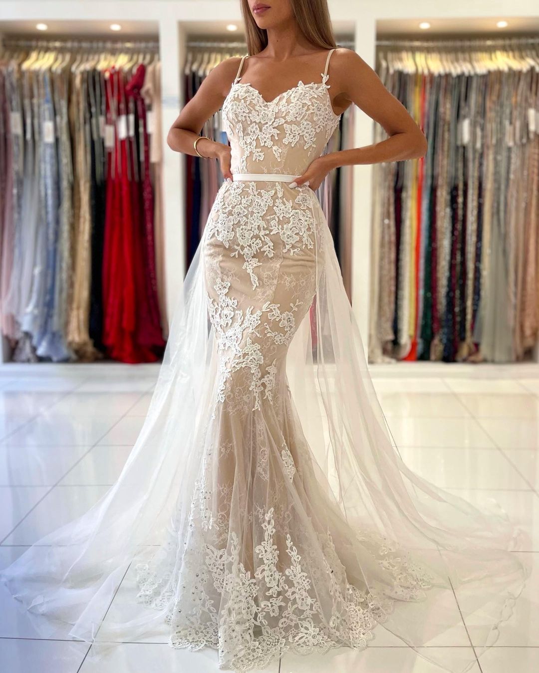 Spaghetti-Straps Mermaid Prom Dress Appliques Tulle Skirt - Fashionpara