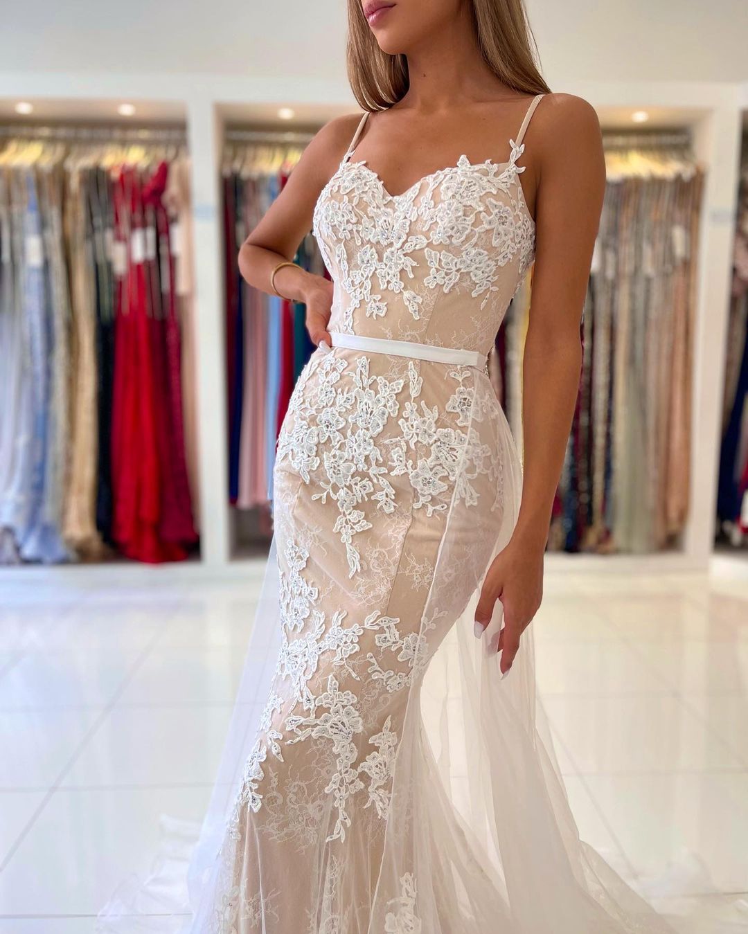 Spaghetti-Straps Mermaid Prom Dress Appliques Tulle Skirt - Fashionpara
