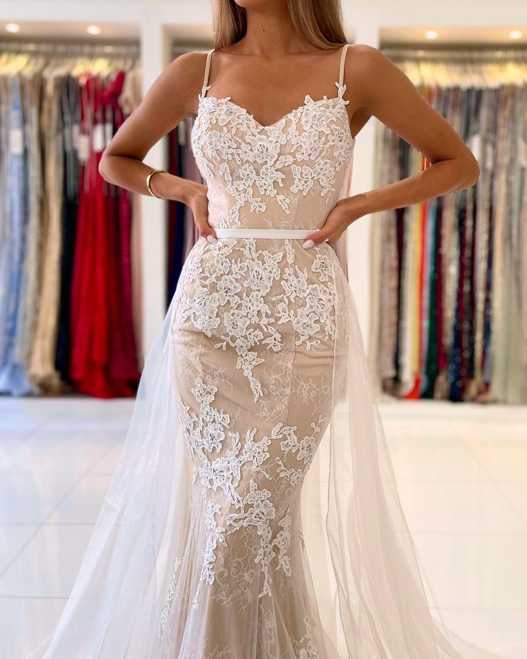 Spaghetti-Straps Mermaid Prom Dress Appliques Tulle Skirt - Fashionpara