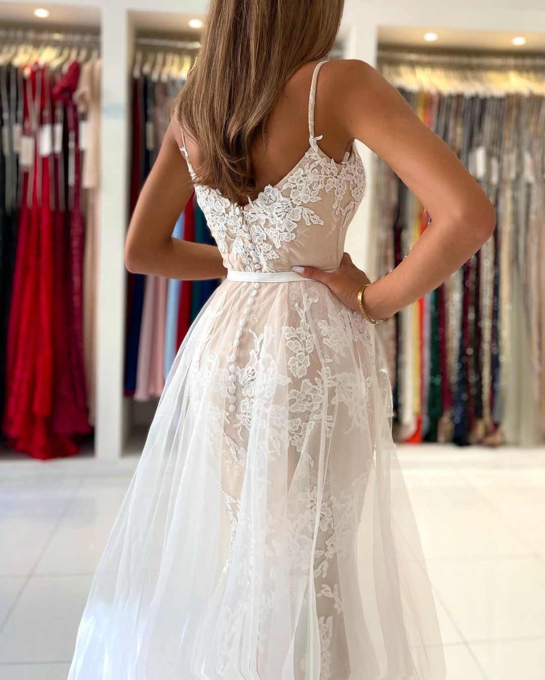 Spaghetti-Straps Mermaid Prom Dress Appliques Tulle Skirt - Fashionpara