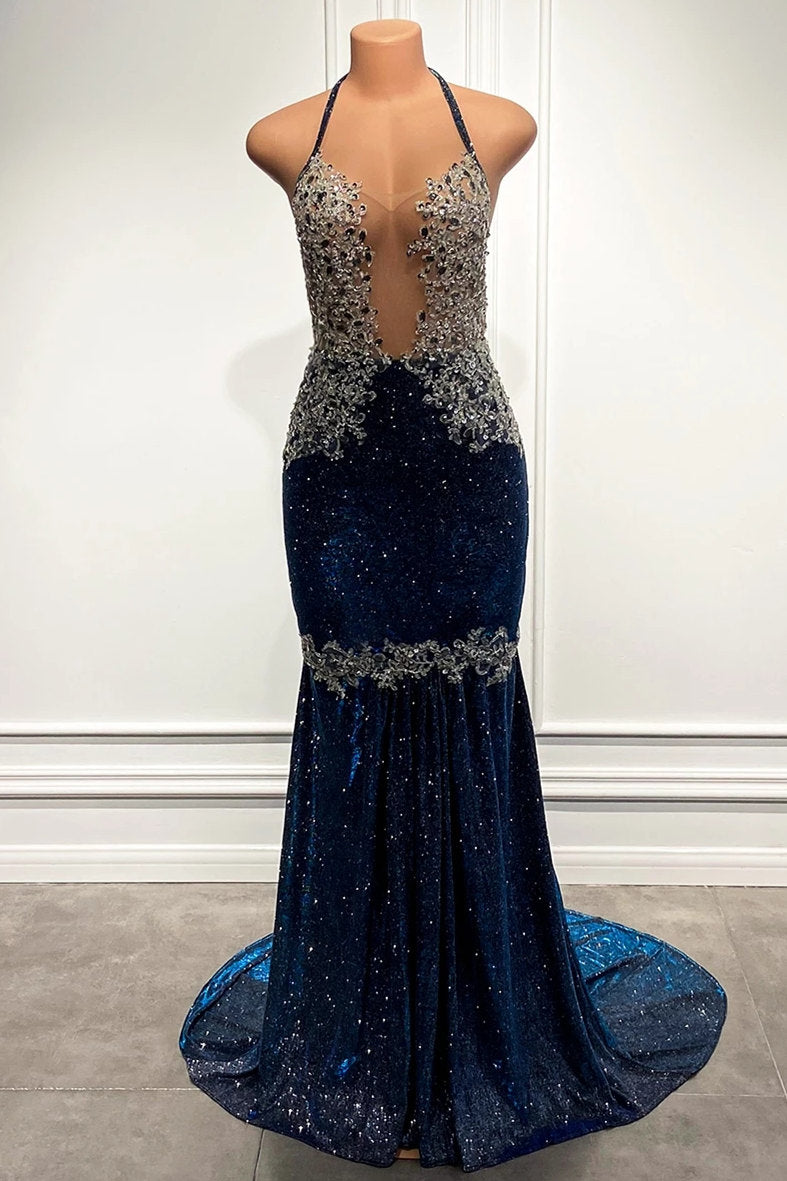 Spaghetti-Straps Mermaid Prom Dress Sleeveless Royal Blue - Fashionpara