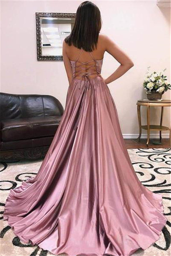 Spaghetti-Straps Mermaid Prom Dress Split With String Back - Fashionpara