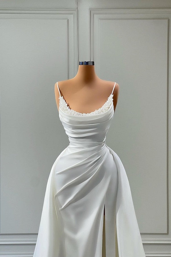 Spaghetti-Straps Mermaid Prom Dress White Long With Slit Beads - Fashionpara