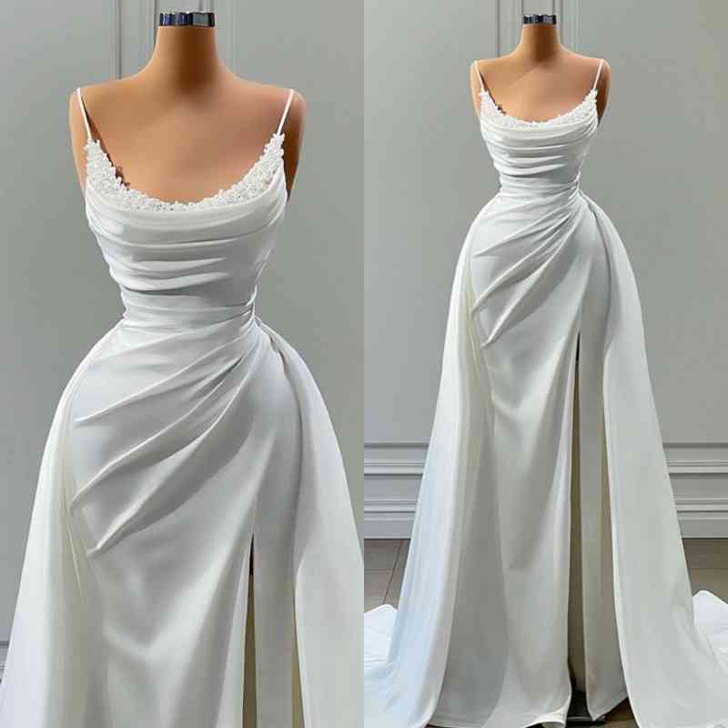 Spaghetti-Straps Mermaid Prom Dress White Long With Slit Beads - Fashionpara