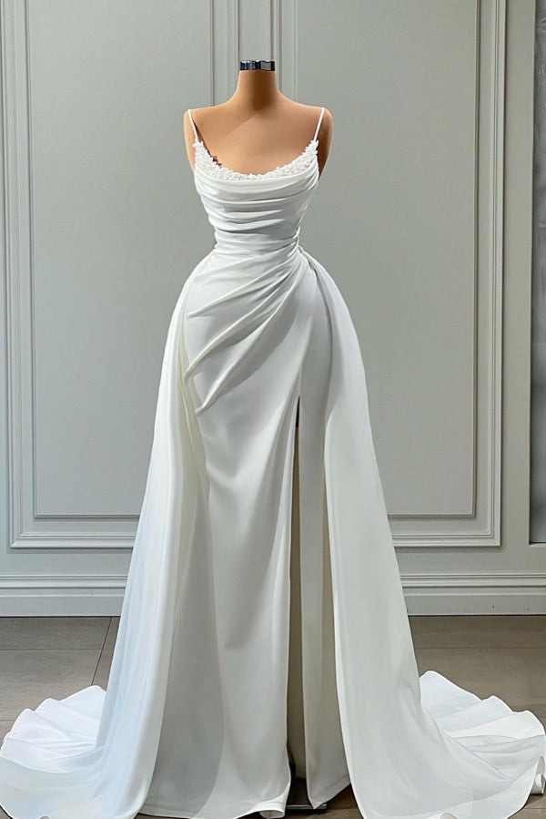 Spaghetti-Straps Mermaid Prom Dress White Long With Slit Beads - Fashionpara