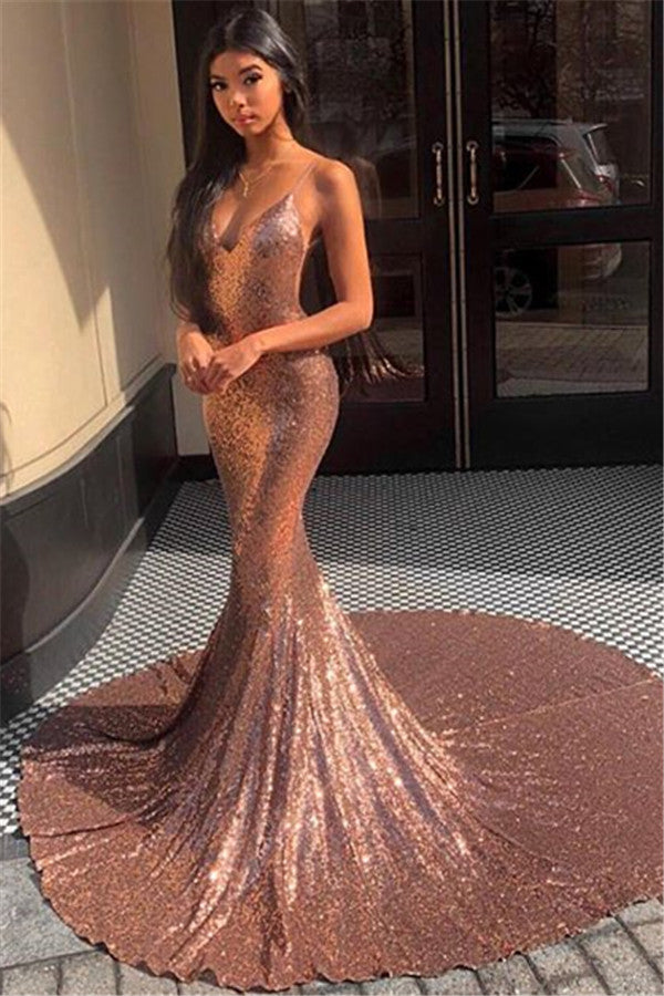 Spaghetti-Straps Mermaid Sequins Long Evening Prom Dress Sleeveless - Fashionpara