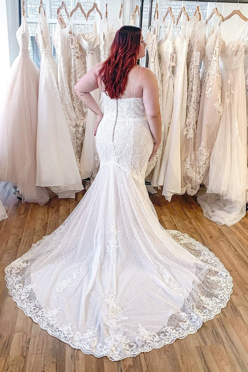 Spaghetti-Straps Plus Size Wedding Dress Lace Mermaid Sleeveless - Fashionpara