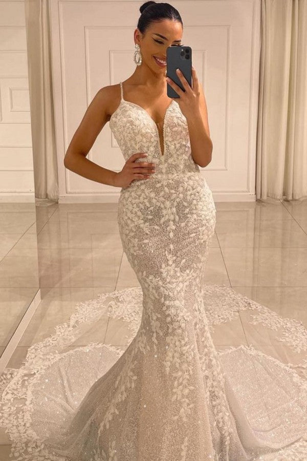 Spaghetti-Straps Sleeveless Wedding Dress Lace Mermaid Long - Fashionpara