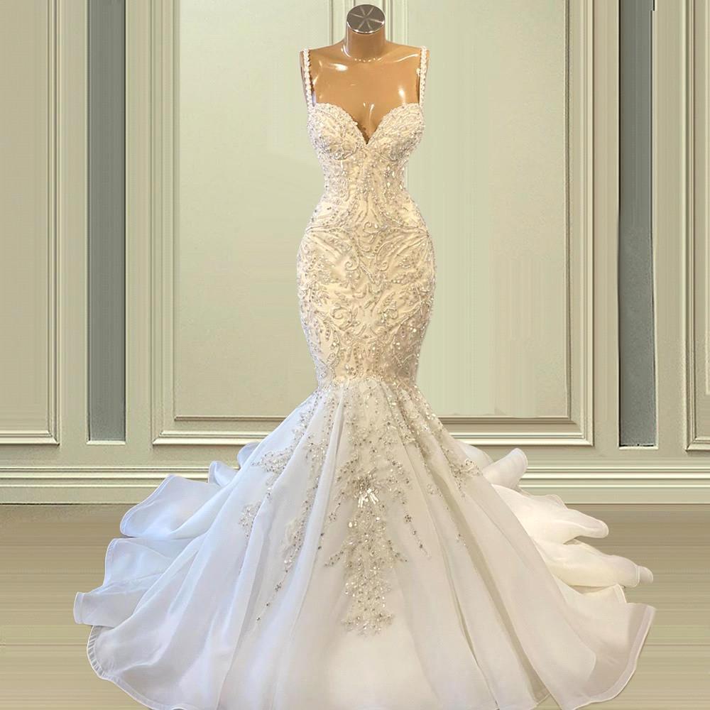 Spaghetti-Straps Sleeveless Wedding Dress Mermaid Long With Beadings - Fashionpara