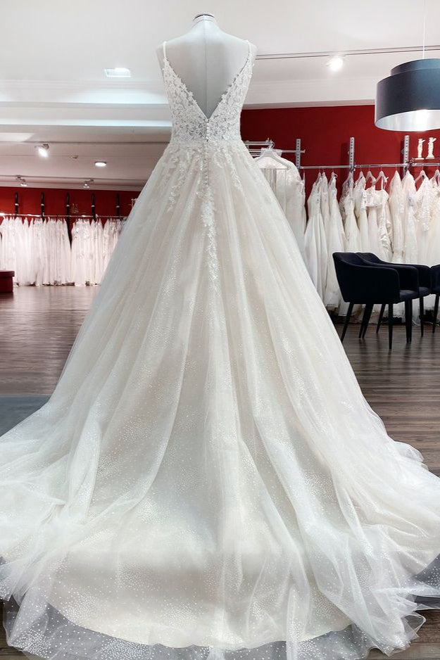 Spaghetti Straps Tulle Lace Appliques A-Line Wedding Dresses - Fashionpara