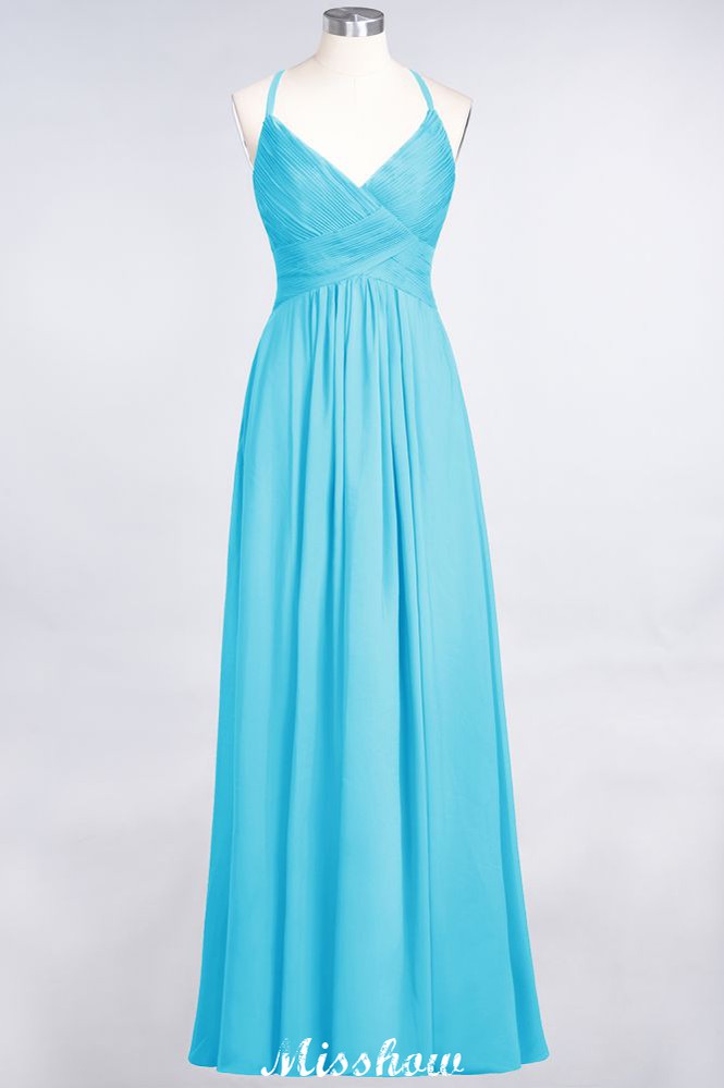 Spaghetti-Straps V-Neck Sleeveless Floor-Length Bridesmaid Dress
