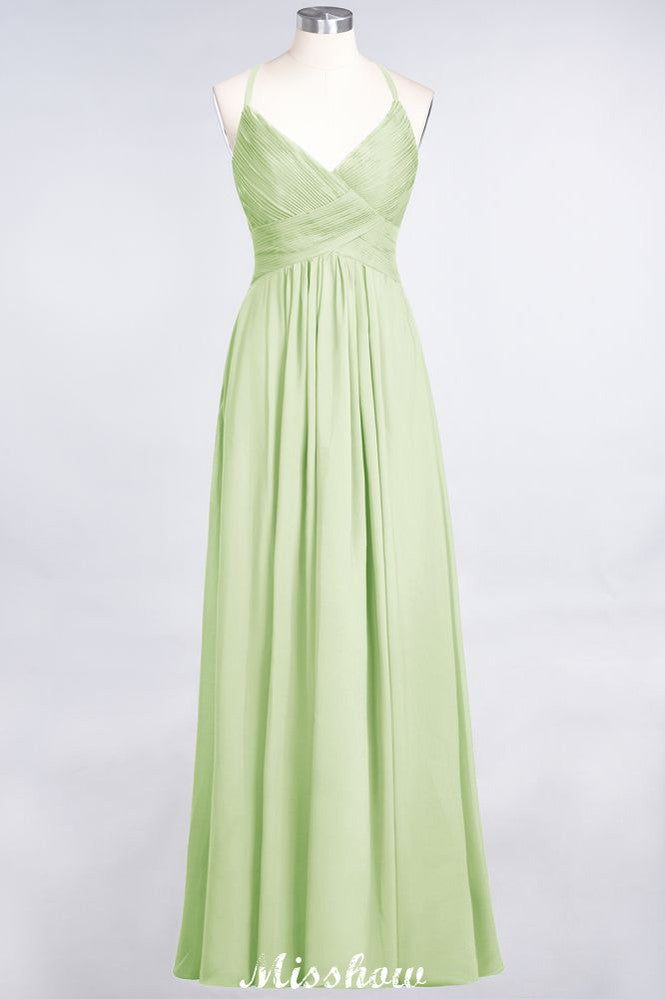 Spaghetti-Straps V-Neck Sleeveless Floor-Length Bridesmaid Dress
