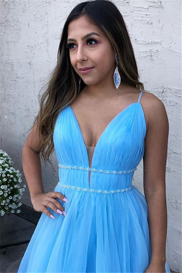 Spaghetti-Straps V-Neck Tulle Blue Prom Dress Sleeveless Long - Fashionpara