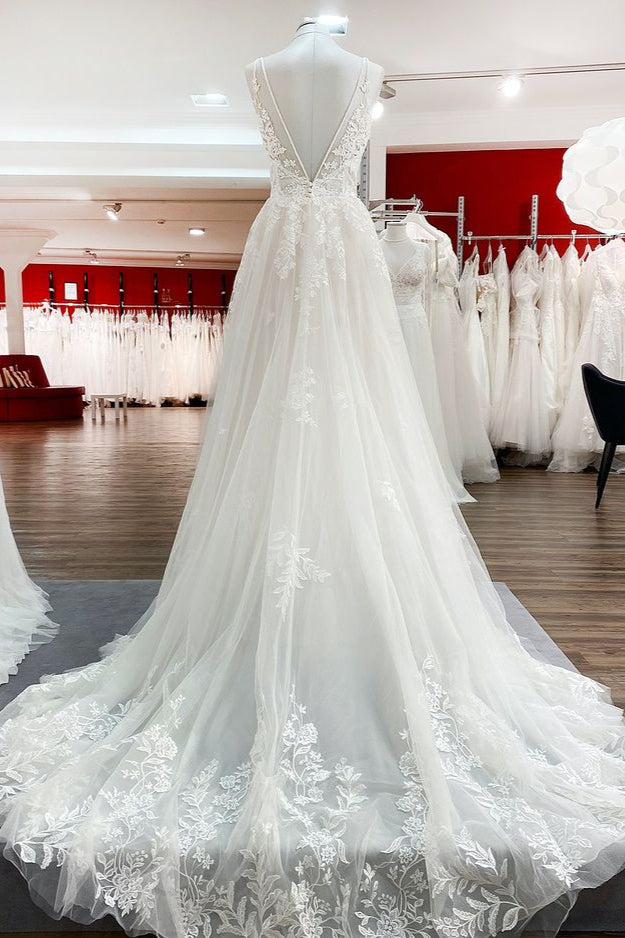 Spaghetti Straps V Neck Tulle Ivory Lace A-Line Wedding Dresses - Fashionpara