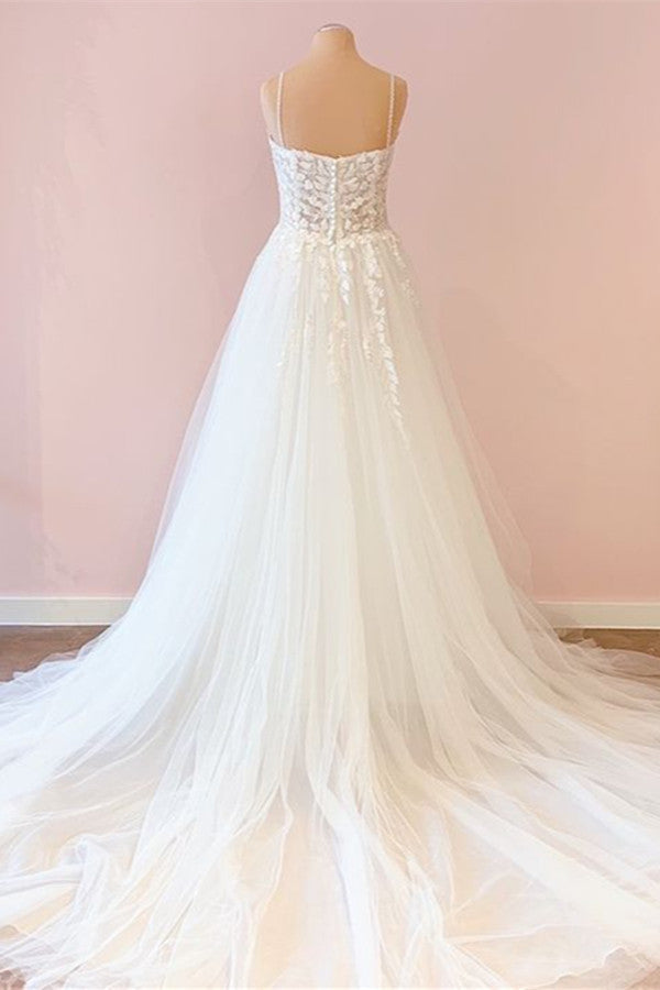 Spaghetti-Straps V-Neck Tulle Wedding Dress With Lace Appliques - Fashionpara