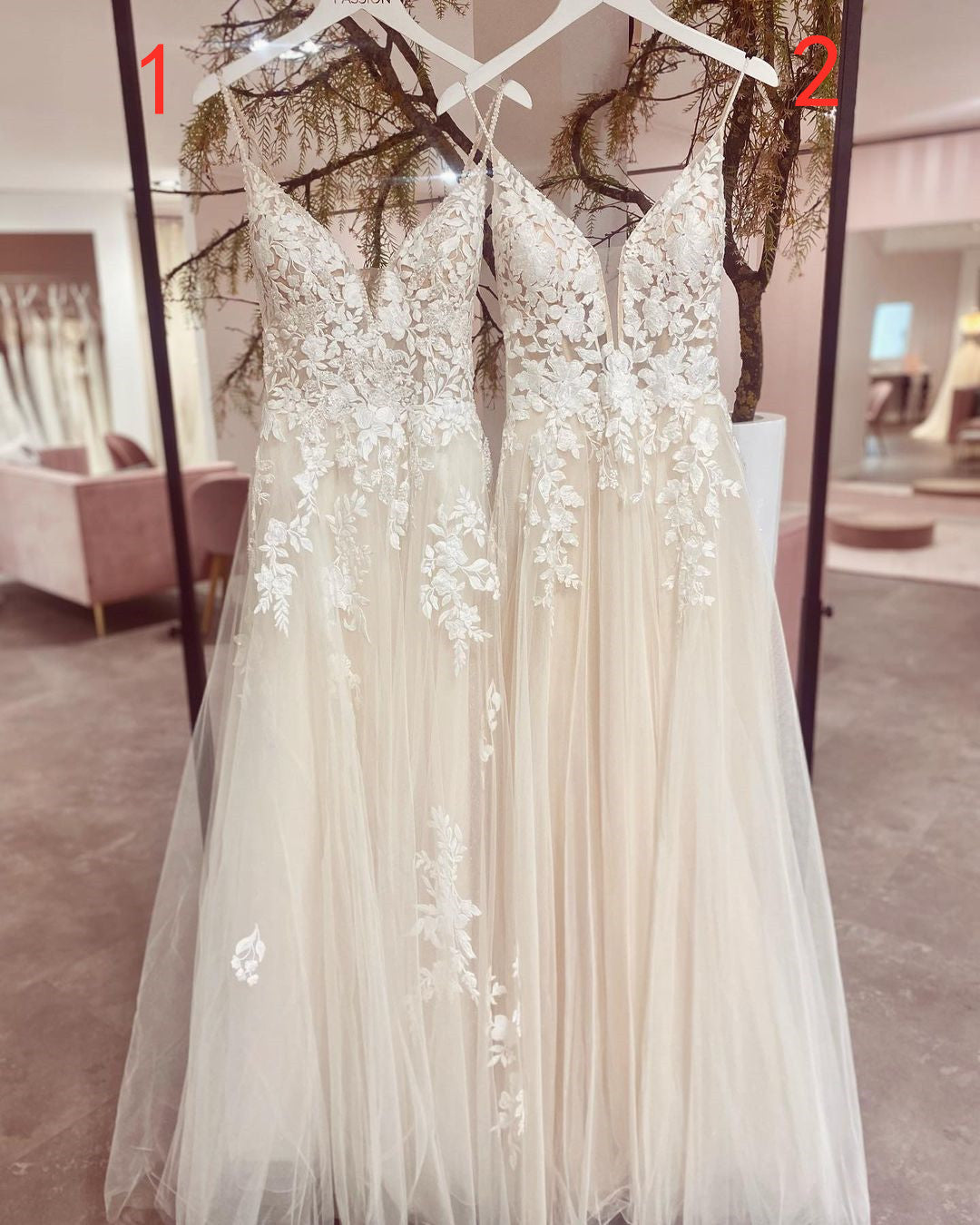 Spaghetti-Straps V-Neck Wedding Dress Sleeveless With Lace Appliques - Fashionpara