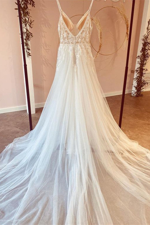 Spaghetti-Straps V-Neck Wedding Dress Tulle Long - Fashionpara