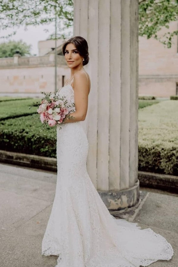 Spaghetti-Straps Wedding Dress Lace Mermaid Sleeveless - Fashionpara