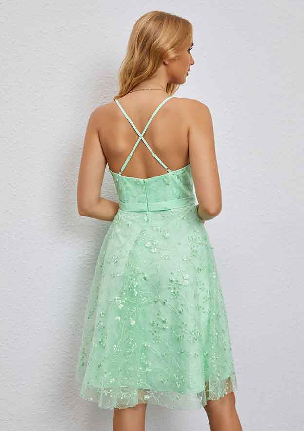 Sparkle in Style with Elegant A-line V Neck Sleeveless Tulle Short Prom Dress with Glitter Lace Appliqu¨¦ - Fashionpara
