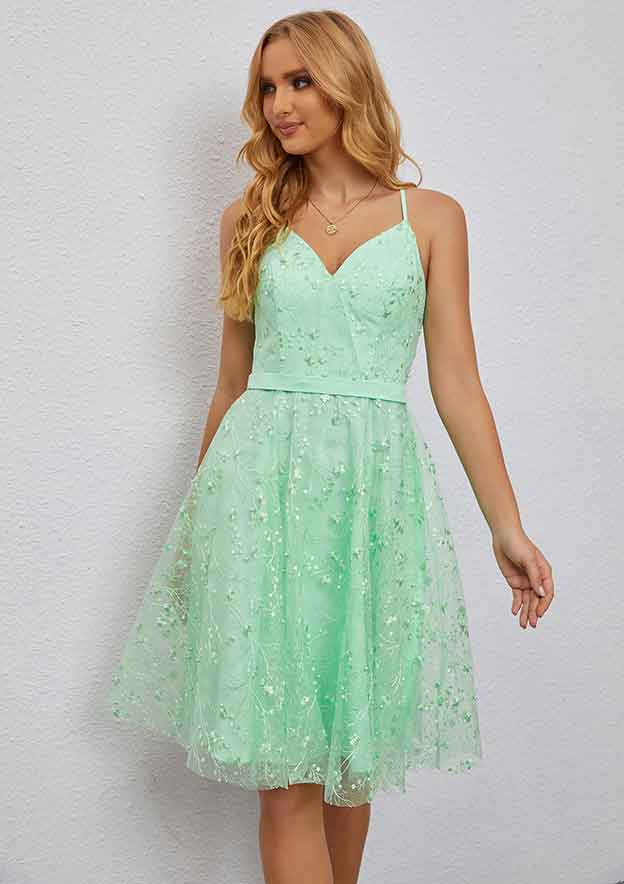 Sparkle in Style with Elegant A-line V Neck Sleeveless Tulle Short Prom Dress with Glitter Lace Appliqu¨¦ - Fashionpara