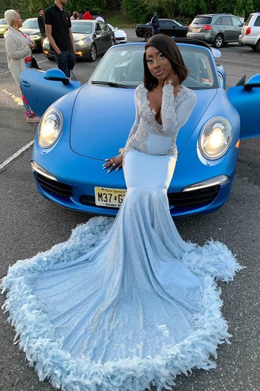 Sparkle Mermaid V-neck Luxurious Feather Long Prom Dresses